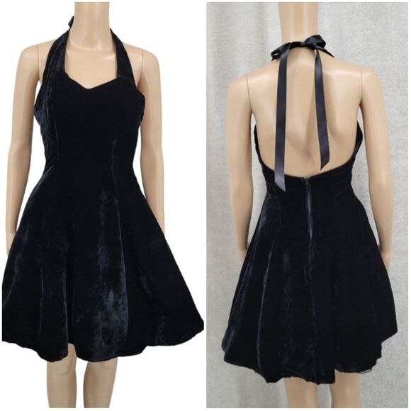 Velvet Halter Mini Dress Black Gothic Tulle Crinoline Petticoat 80s 80's Vintage - Picture 1 of 12